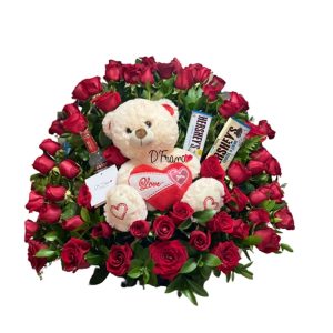 ARREGLO FLORAL CON CHOCOLATES Y PELUCHE