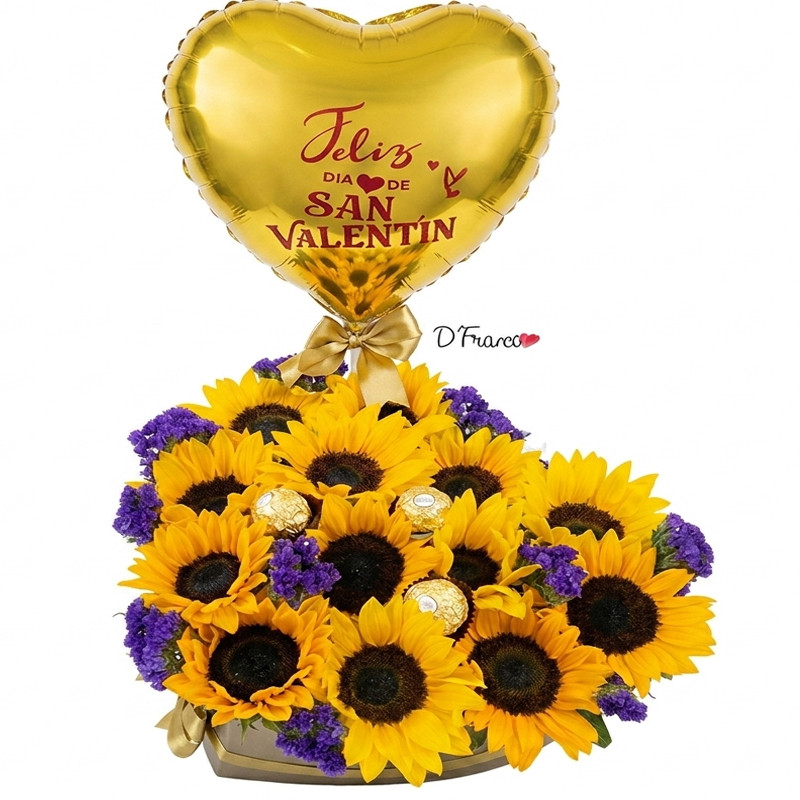 Caja de Girasoles con Chocolates y Globo Personalizado Cali | Arte y Flores