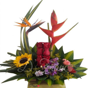 Arreglo floral exótico con Aves del Paraíso, heliconias, rosas rojas y girasol de Arte y Flores Cali